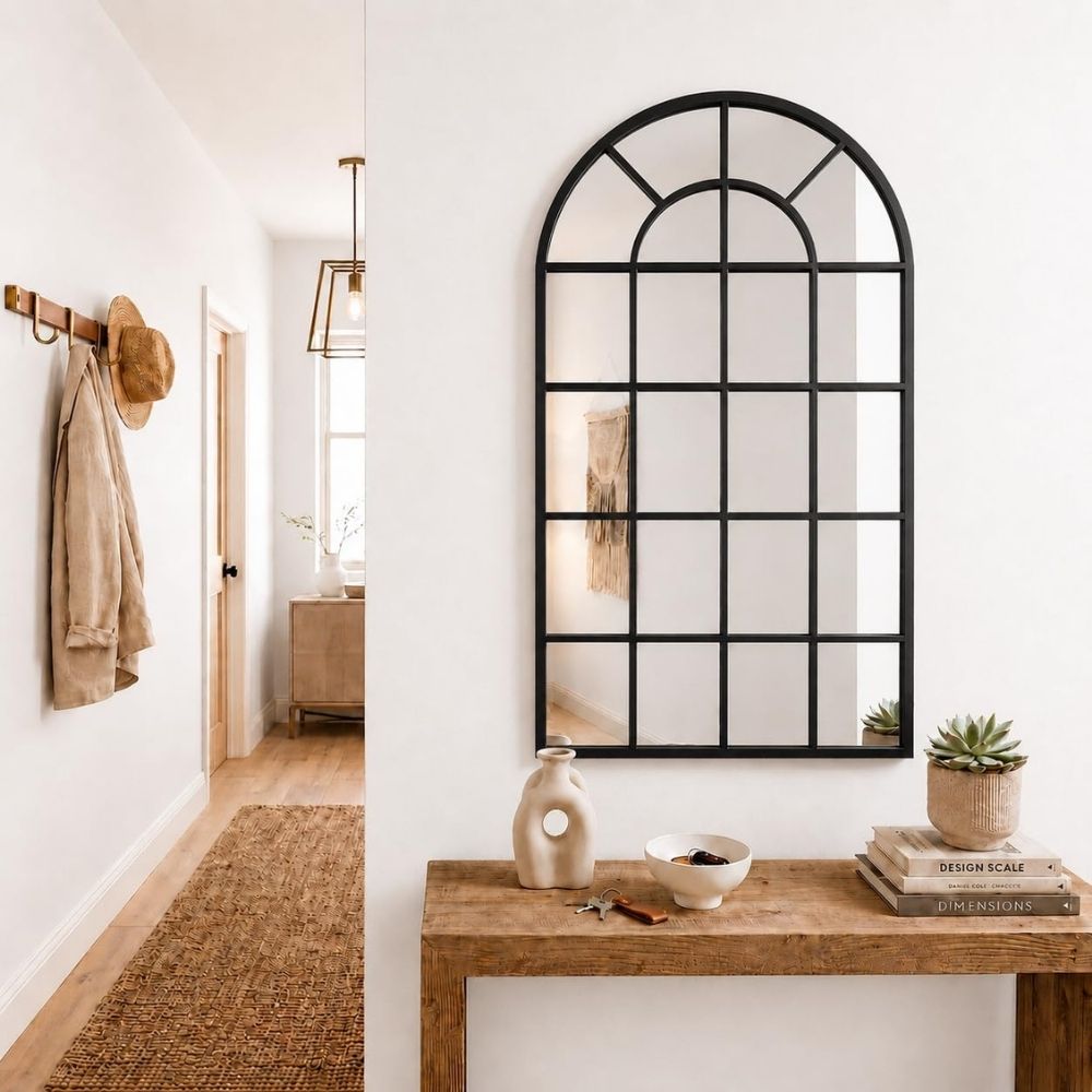 Espejo ventana en forma de arco Marctani con marco metálico negro en salón moderno.