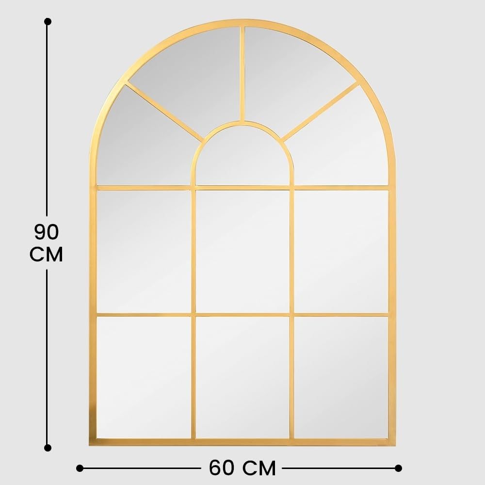 Diferentes medidas del espejo ventana metálico Marctani disponibles en acabados negro y dorado.