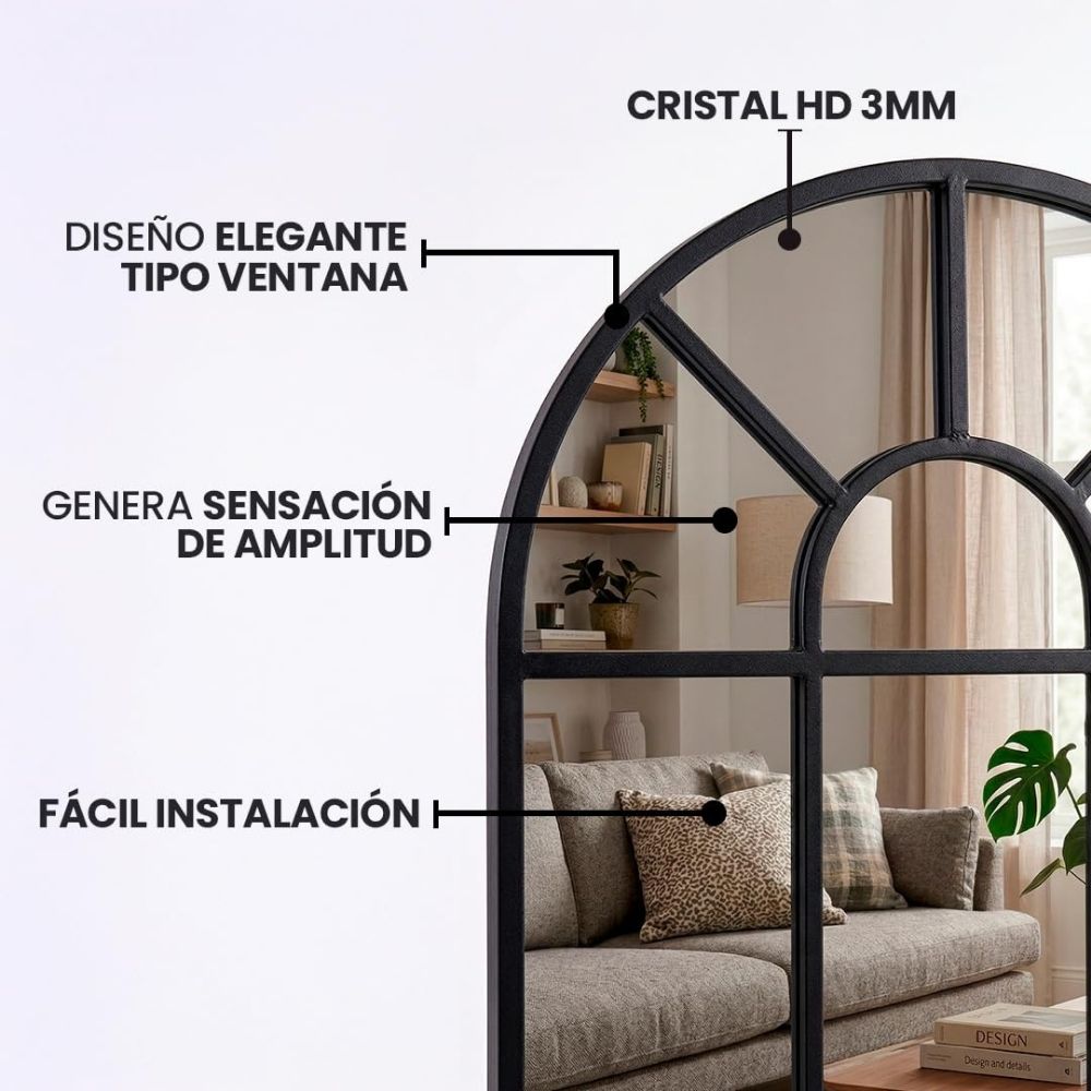 Detalle del marco de metal robusto del espejo ventana de diseño industrial Marctani.