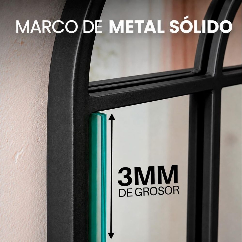 Detalle del marco de metal robusto del espejo ventana de diseño industrial Marctani.