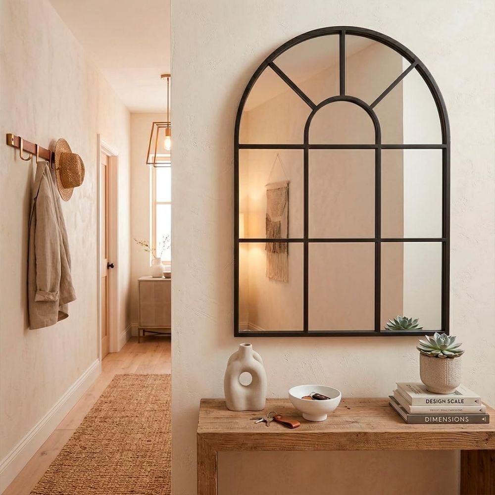Espejo ventana en forma de arco Marctani con marco metálico negro en salón moderno.