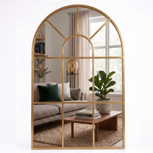 Marctani Espejo Ventana de Metal, Arco Semicircular, Industrial (Negro/Dorado, Varias Medidas)