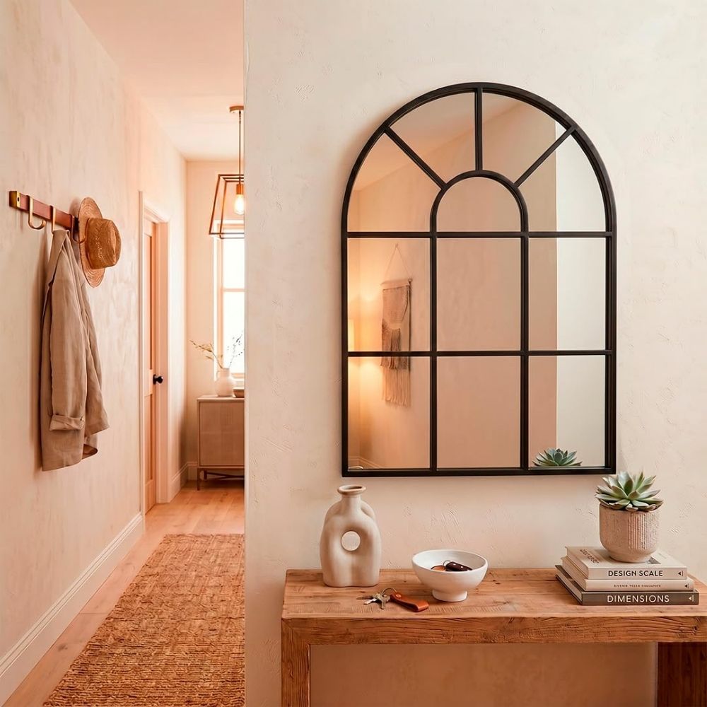 Marctani Espejo Ventana de Metal, Arco Semicircular, Industrial (Negro/Dorado, Varias Medidas)