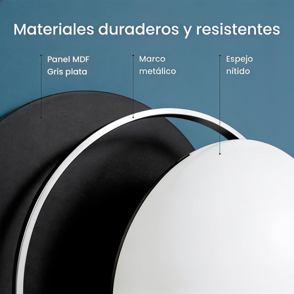 Detalle del robusto marco metálico del espejo redondo de pared de diseño minimalista.