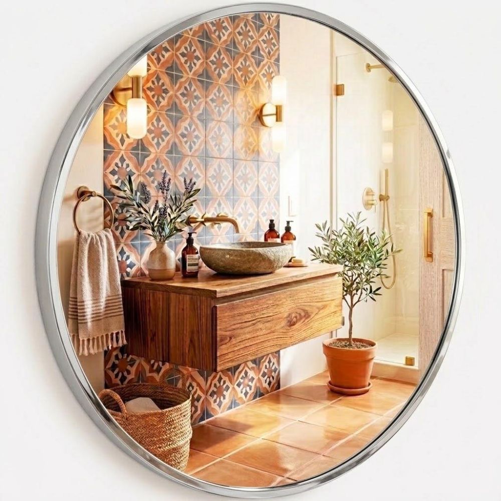 Espejo decorativo redondo de pared de 60x60 cm con marco de metal plateado.