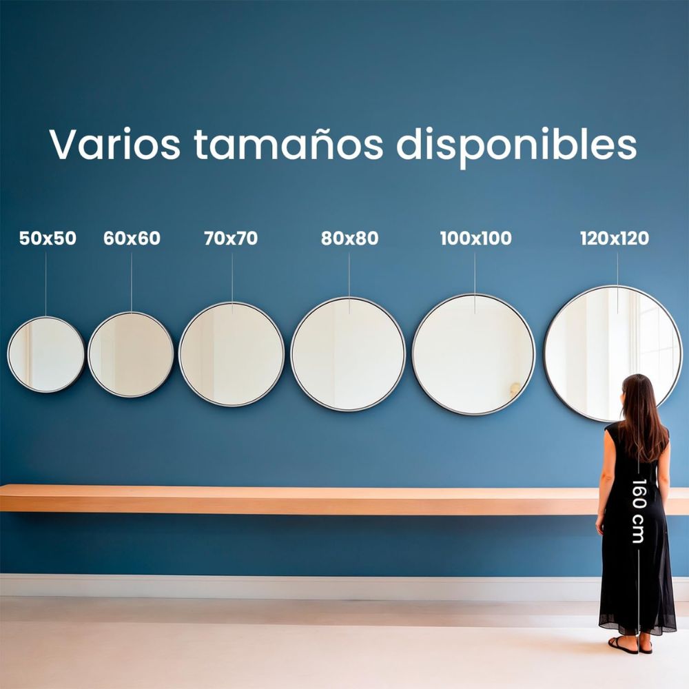 Comparativa de tamaños del espejo circular de pared desde 50 hasta 120 cm.