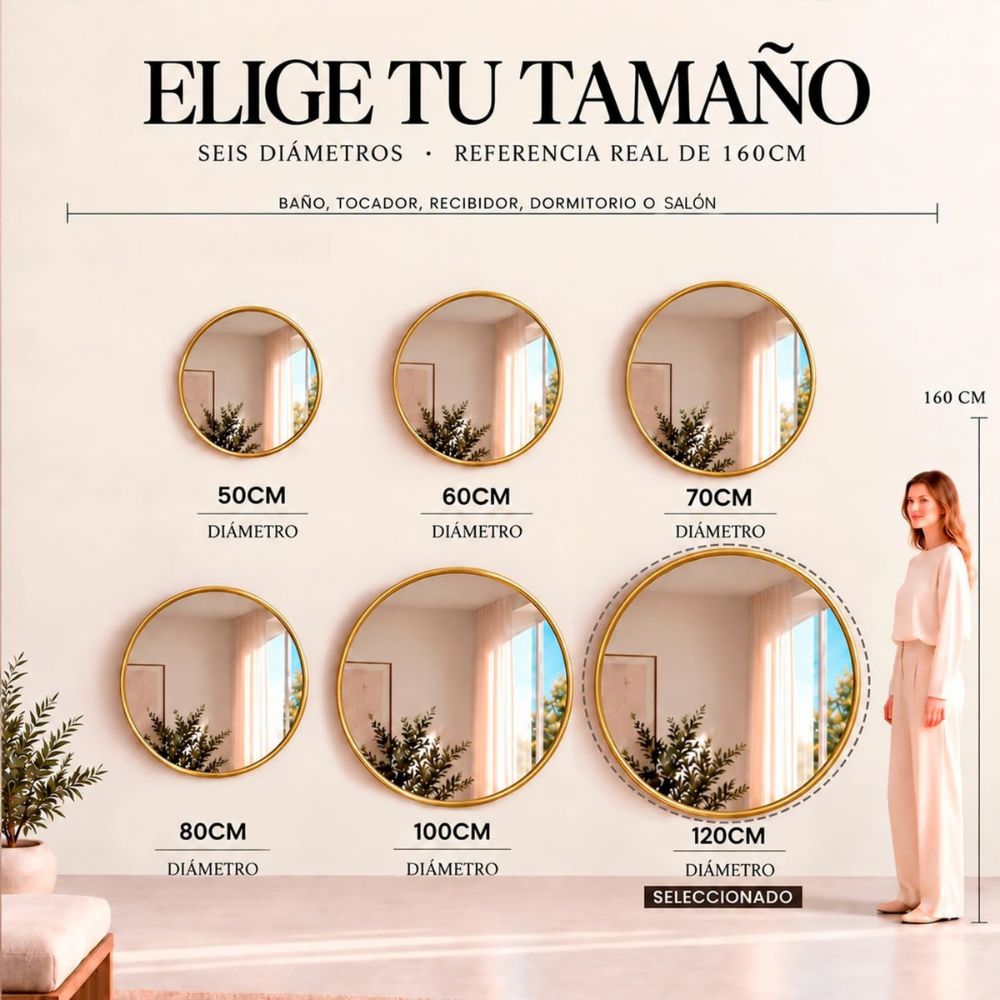 Diferentes medidas y colores del espejo redondo de pared Marctani.