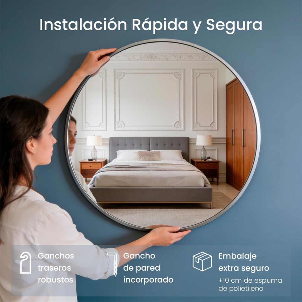 Claridad óptica del espejo redondo decorativo plateado de 70x70 cm.