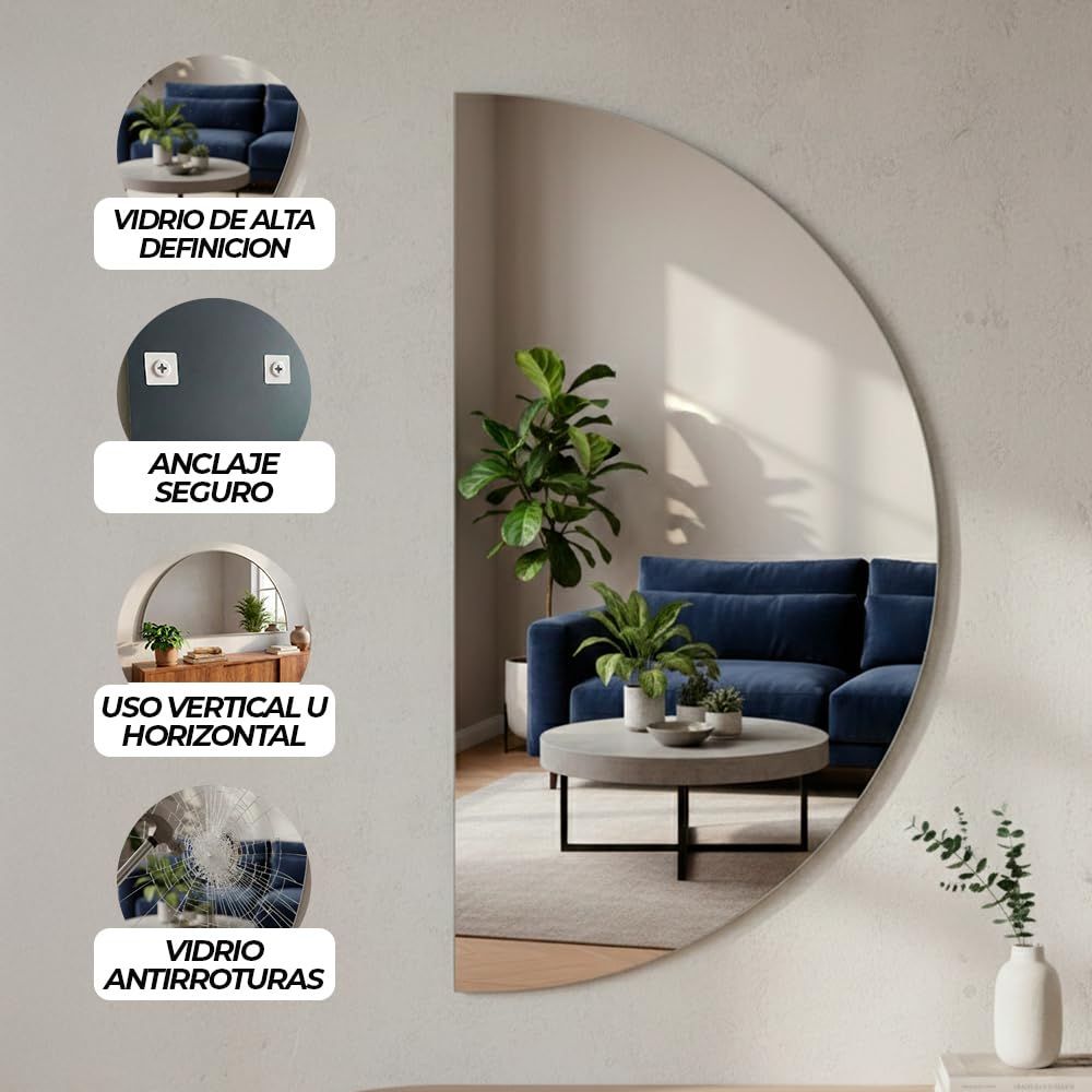 Detalle de los bordes pulidos y seguros del espejo semicircular sin marco.

