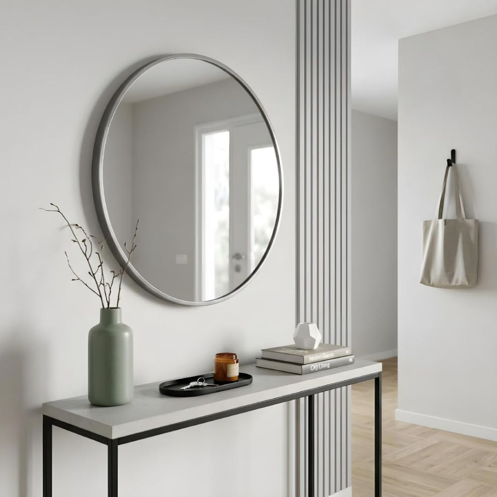 Espejo decorativo redondo plateado de 70x70 cm en la pared de un salón moderno.