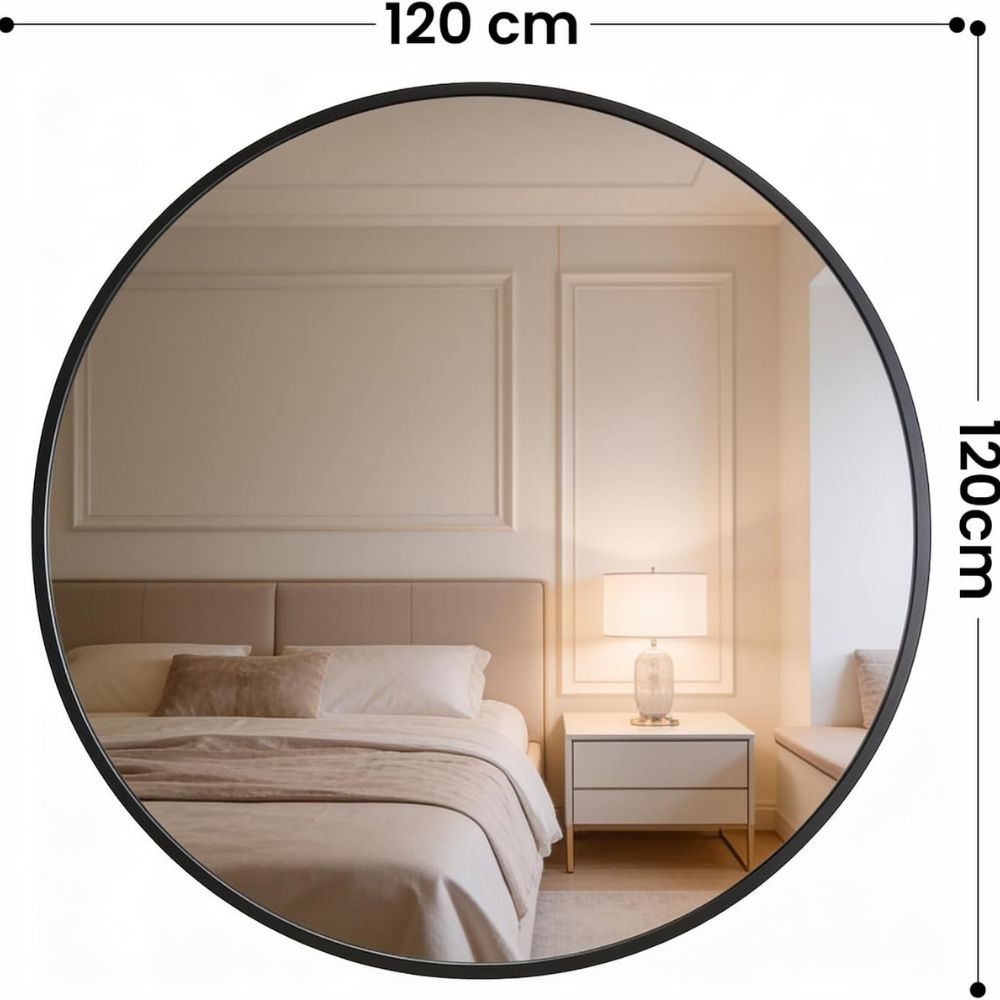 Espejo circular de pared de 120x120 cm en negro para grandes espacios.