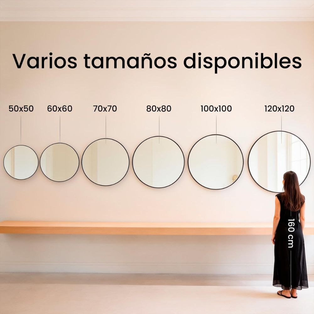 Comparativa de tamaños del espejo circular de pared desde 50 hasta 120 cm.