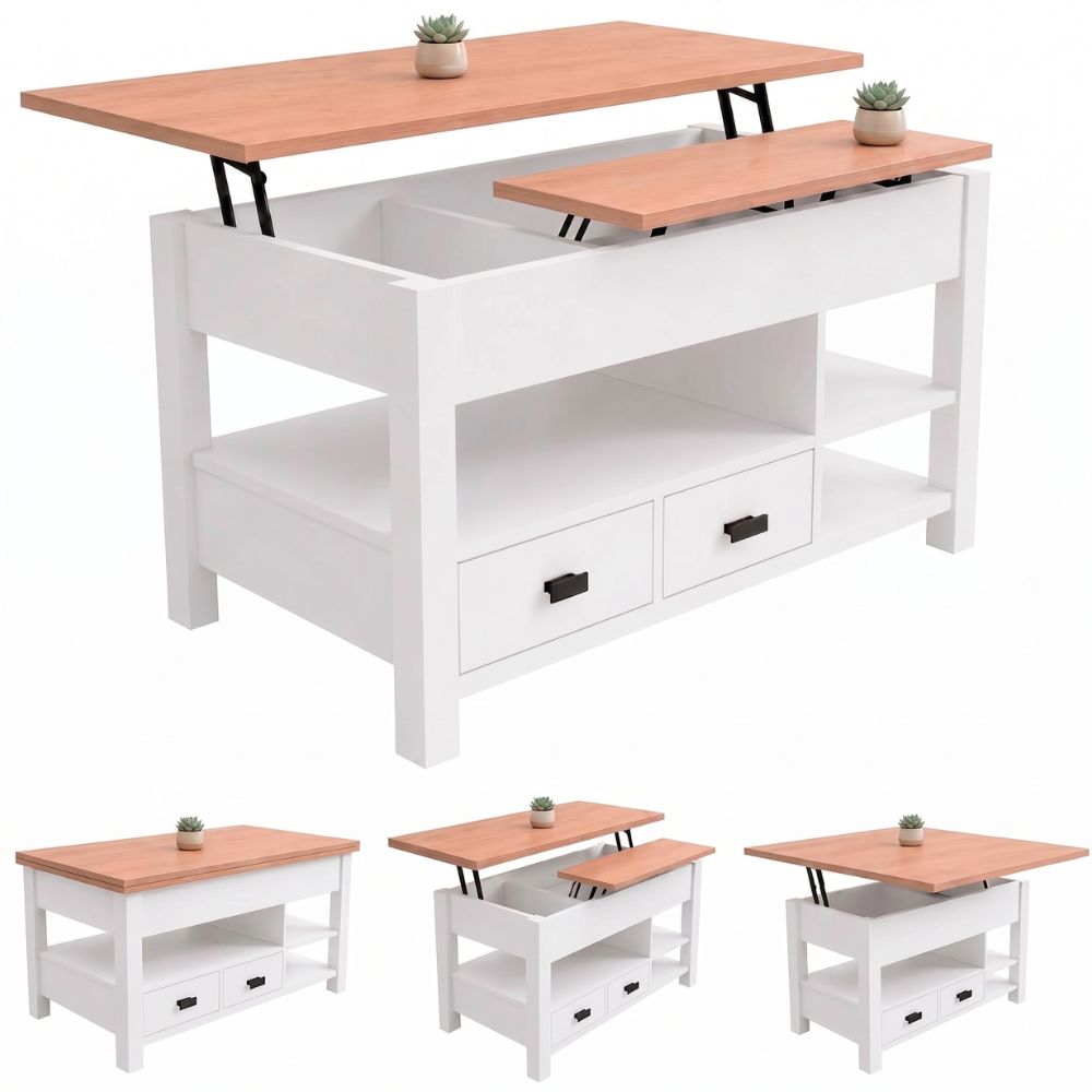 Mesa de centro multifuncional en tono madera configurada como escritorio.