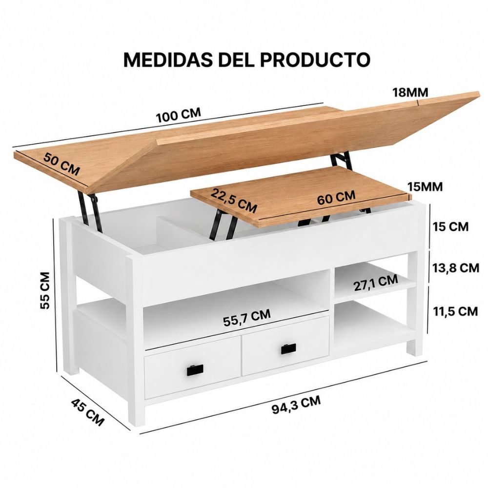 Mesa de centro abatible totalmente extendida para cenas en el salón.
