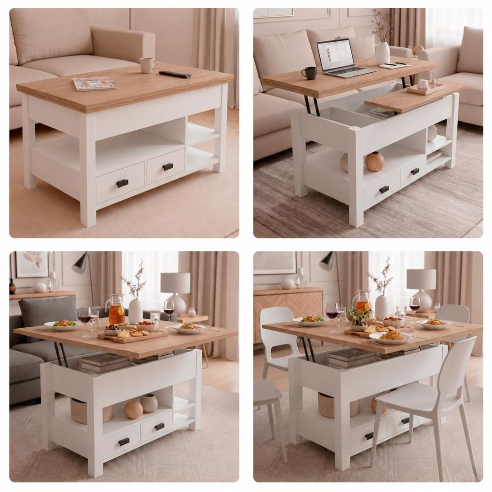 Compartimentos de almacenaje oculto bajo el tablero de la mesa elevable.