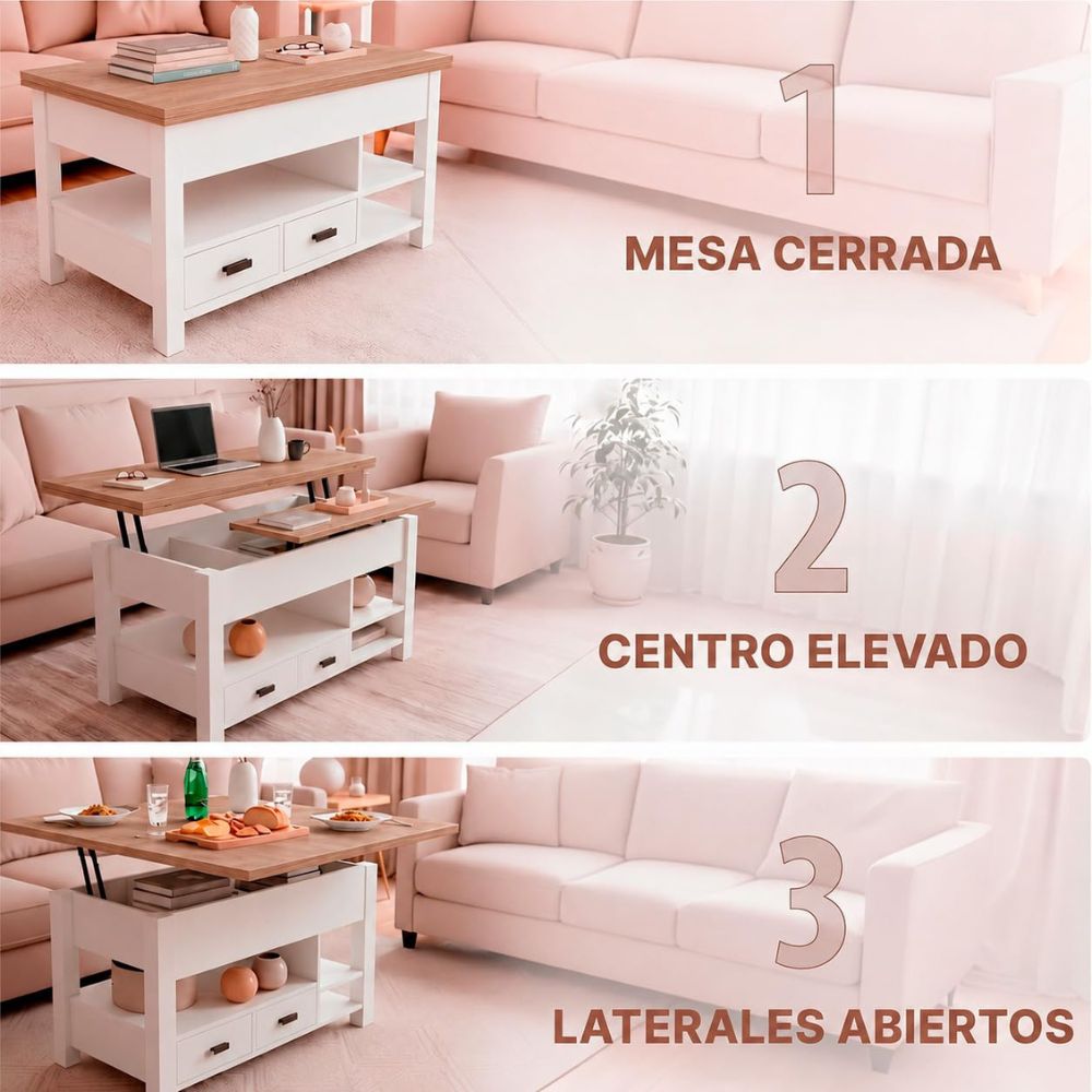 Detalle del mecanismo seguro de apertura en la mesa de centro multifuncional.