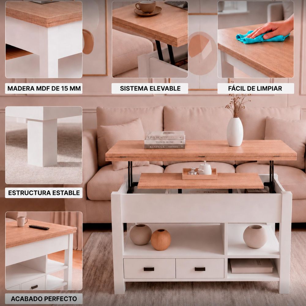 Prácticos cajones inferiores integrados en la mesa de centro extensible Marctani.