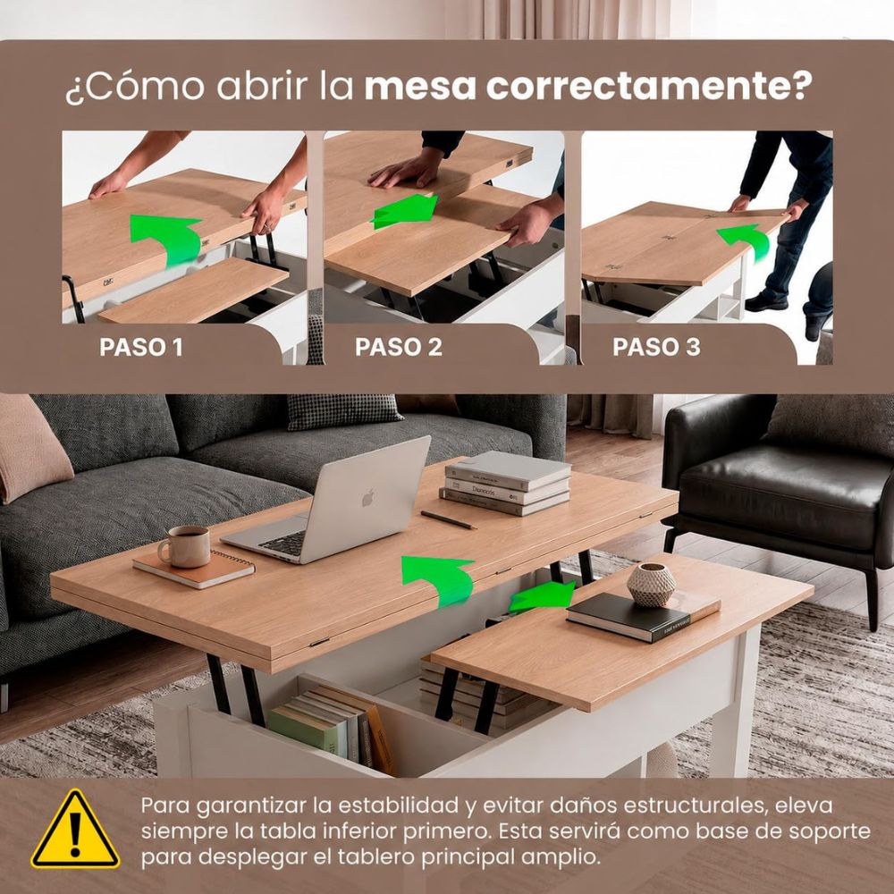 Mesa de centro blanca elevable optimizando el espacio de un salón minimalista.