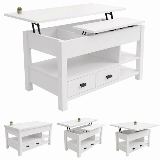 Mesa de centro elevable y extensible Marctani cerrada en acabado blanco.