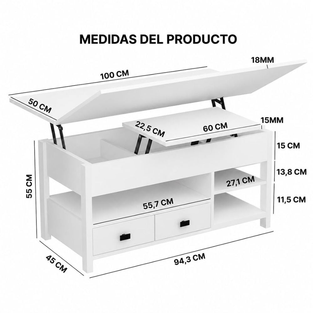 Mesa de centro abatible totalmente extendida para cenas en el salón.