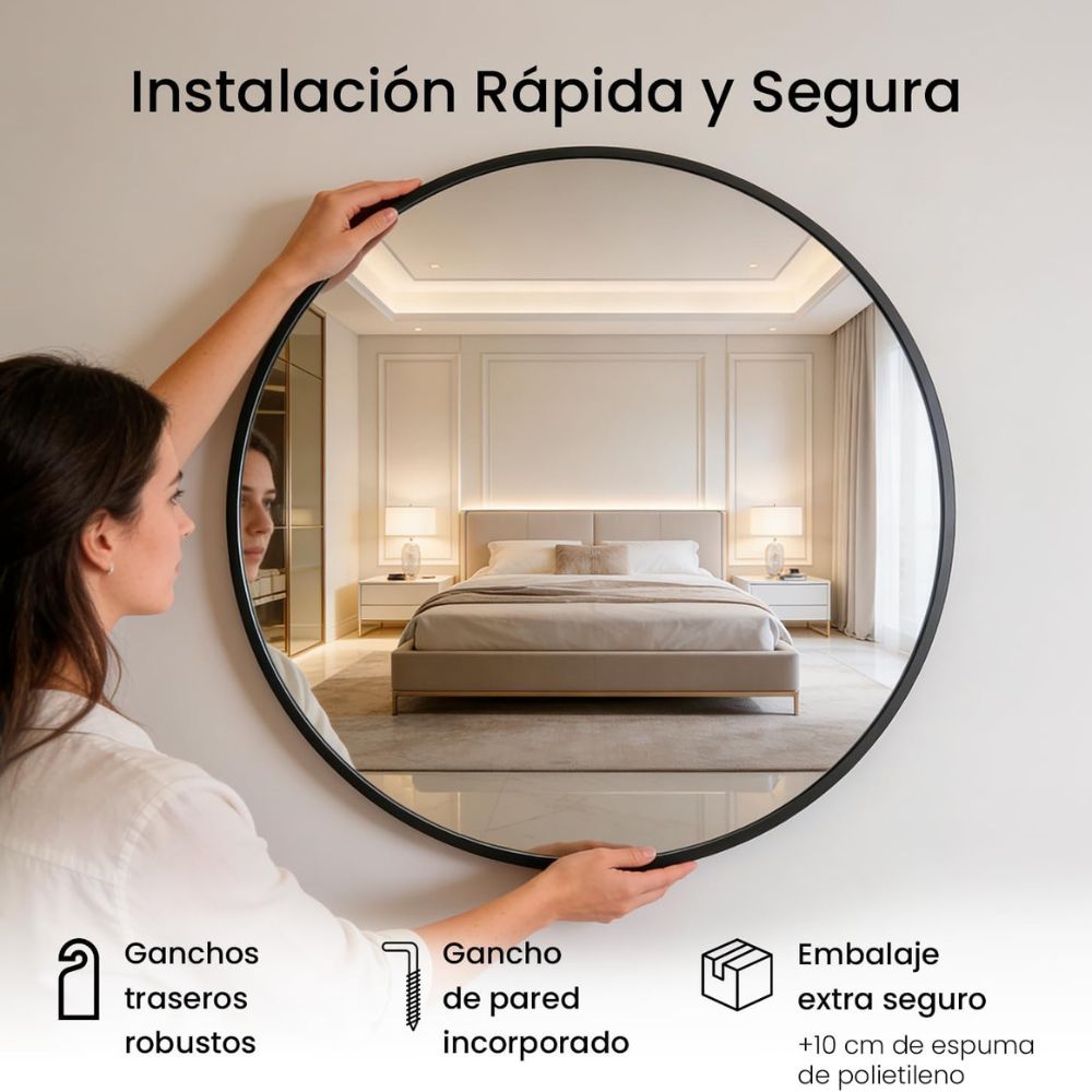 Anclajes resistentes en el reverso del espejo circular plateado de 60x60 cm.