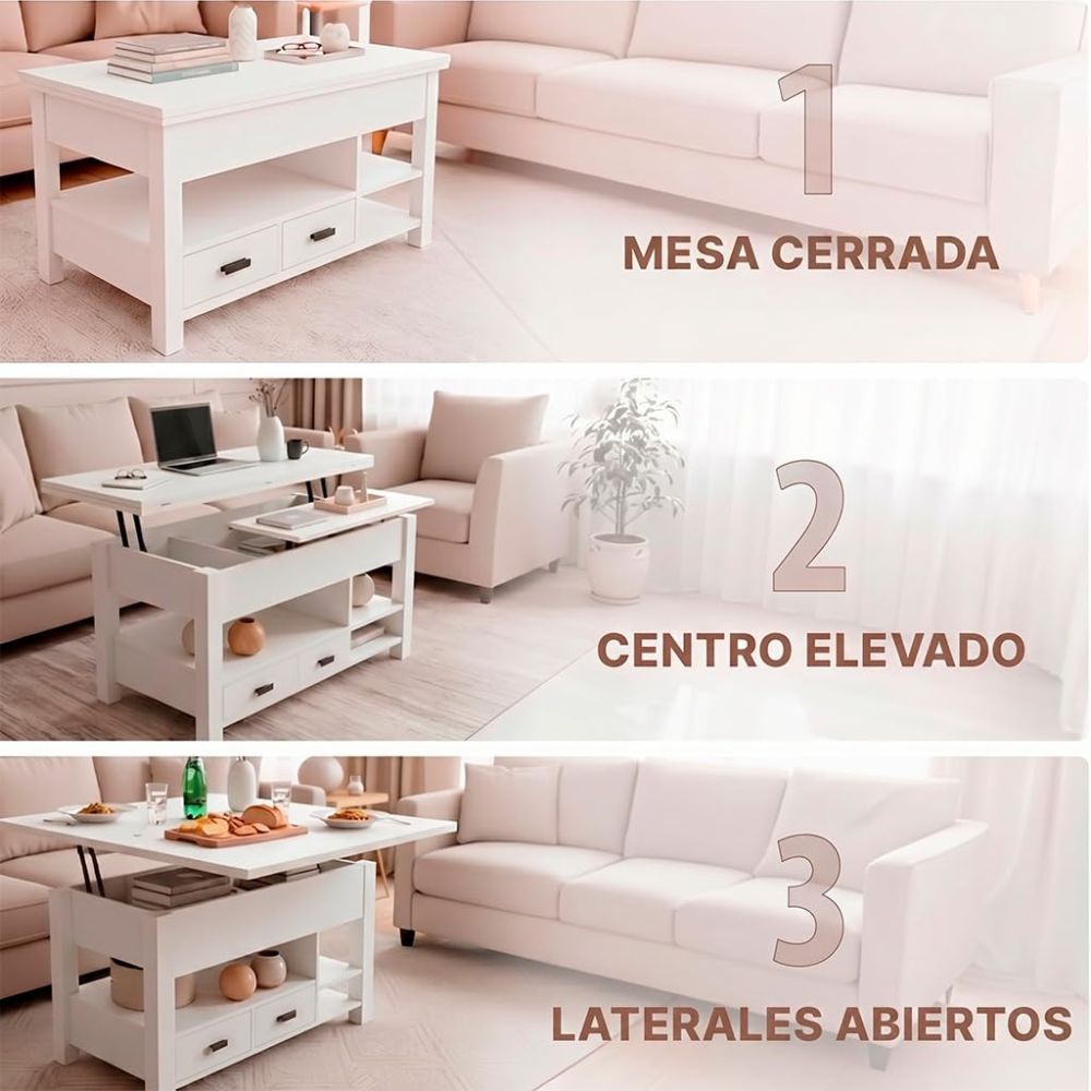 Compartimentos de almacenaje oculto bajo el tablero de la mesa elevable.