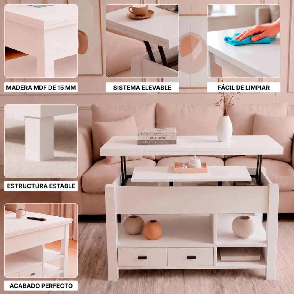 Prácticos cajones inferiores integrados en la mesa de centro extensible Marctani.
