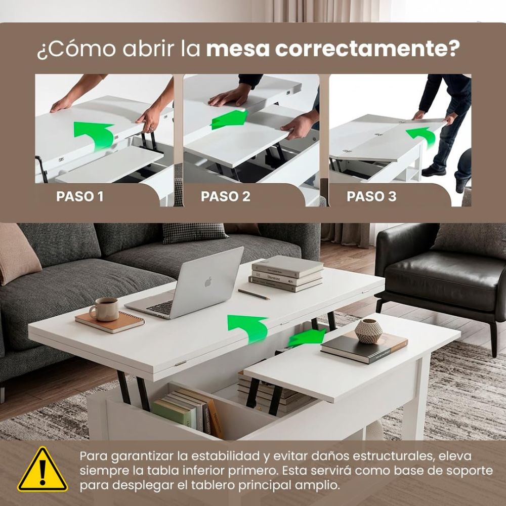 Mesa de centro blanca elevable optimizando el espacio de un salón minimalista.