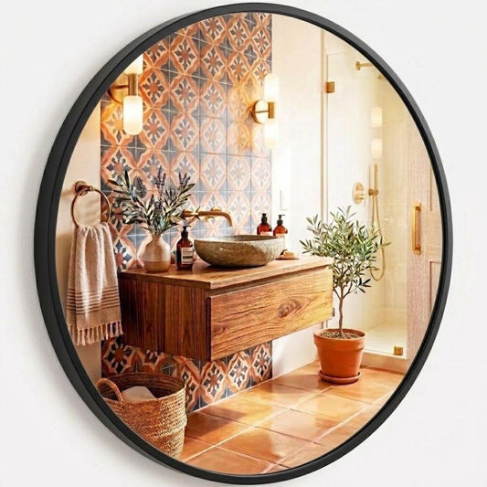 Espejo circular de pared Marctani de 50x50 cm con robusto marco negro.