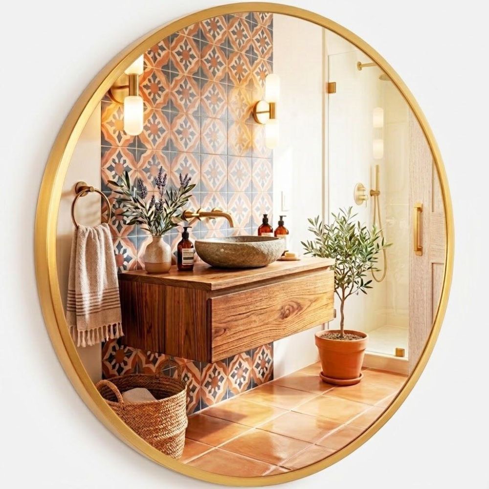 Espejo redondo de pared con marco dorado decorando elegantemente un recibidor contemporáneo.