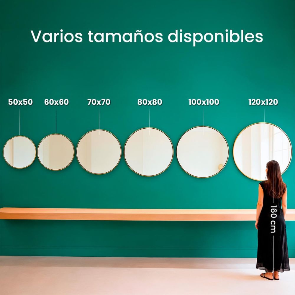 Comparativa de tamaños del espejo circular de pared desde 50 hasta 120 cm.