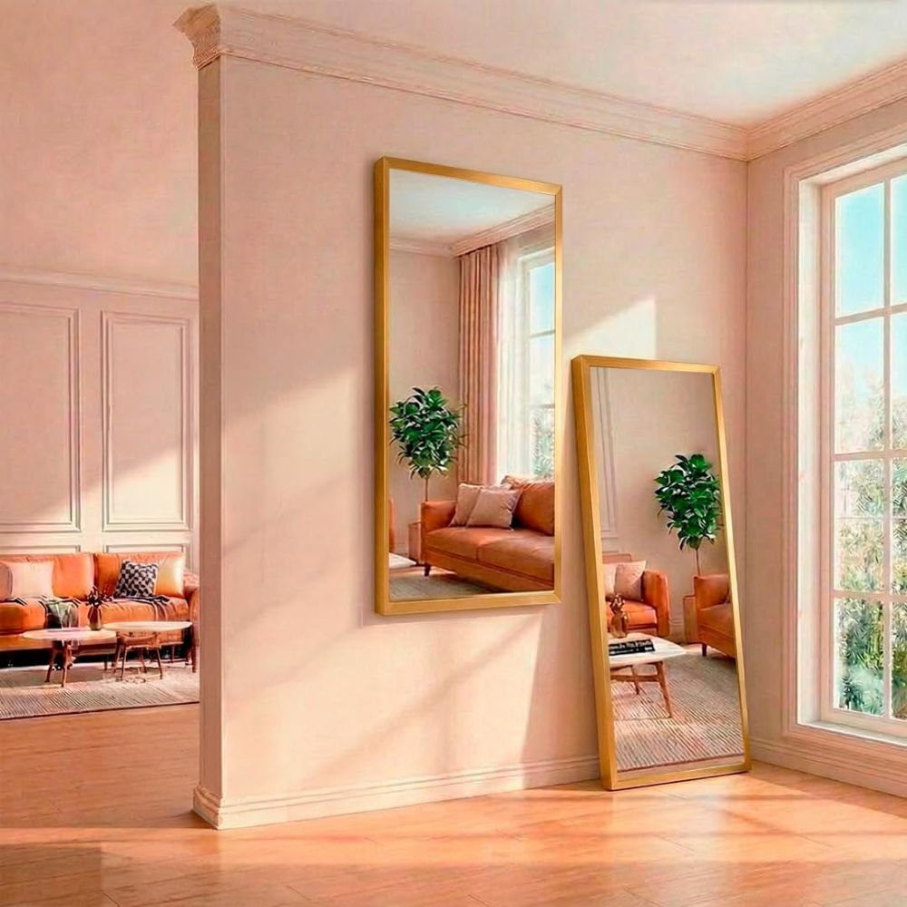 Espejo vestidor de cuerpo entero dorado con soporte trasero desplegado en la habitación.