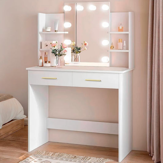 Tocador de maquillaje blanco Marctani con el espejo de 10 luces LED encendidas.