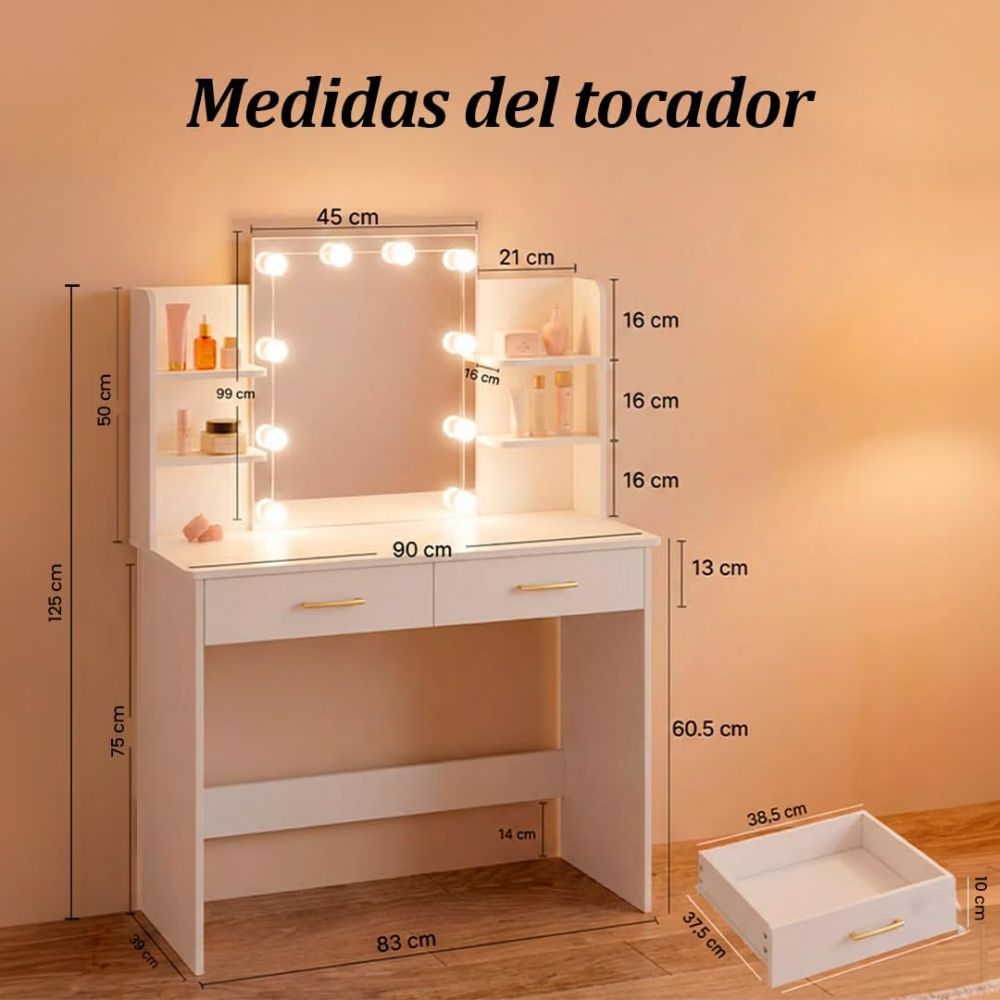 Detalle de los 2 cajones con elegantes tiradores dorados para organizar cosméticos.