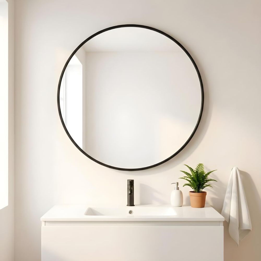 Superficie impecable del cristal en el espejo redondo negro Marctani de 70x70 cm.