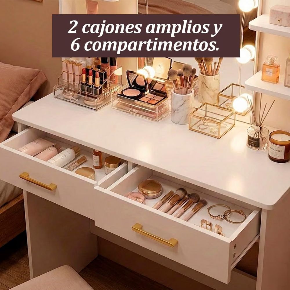 Tocador compacto blanco funcionando como zona de belleza en un dormitorio moderno.
