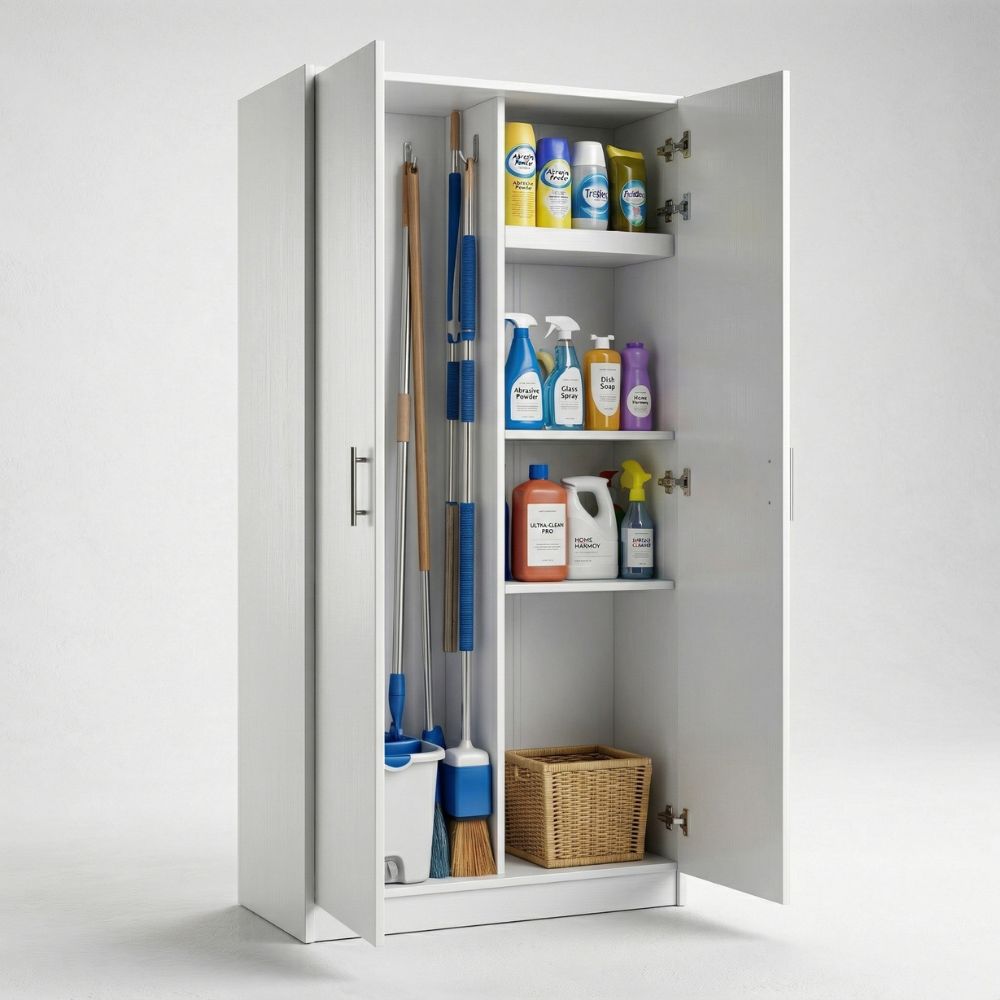 Armario escobero interior blanco Marctani de diseño minimalista con puertas cerradas.