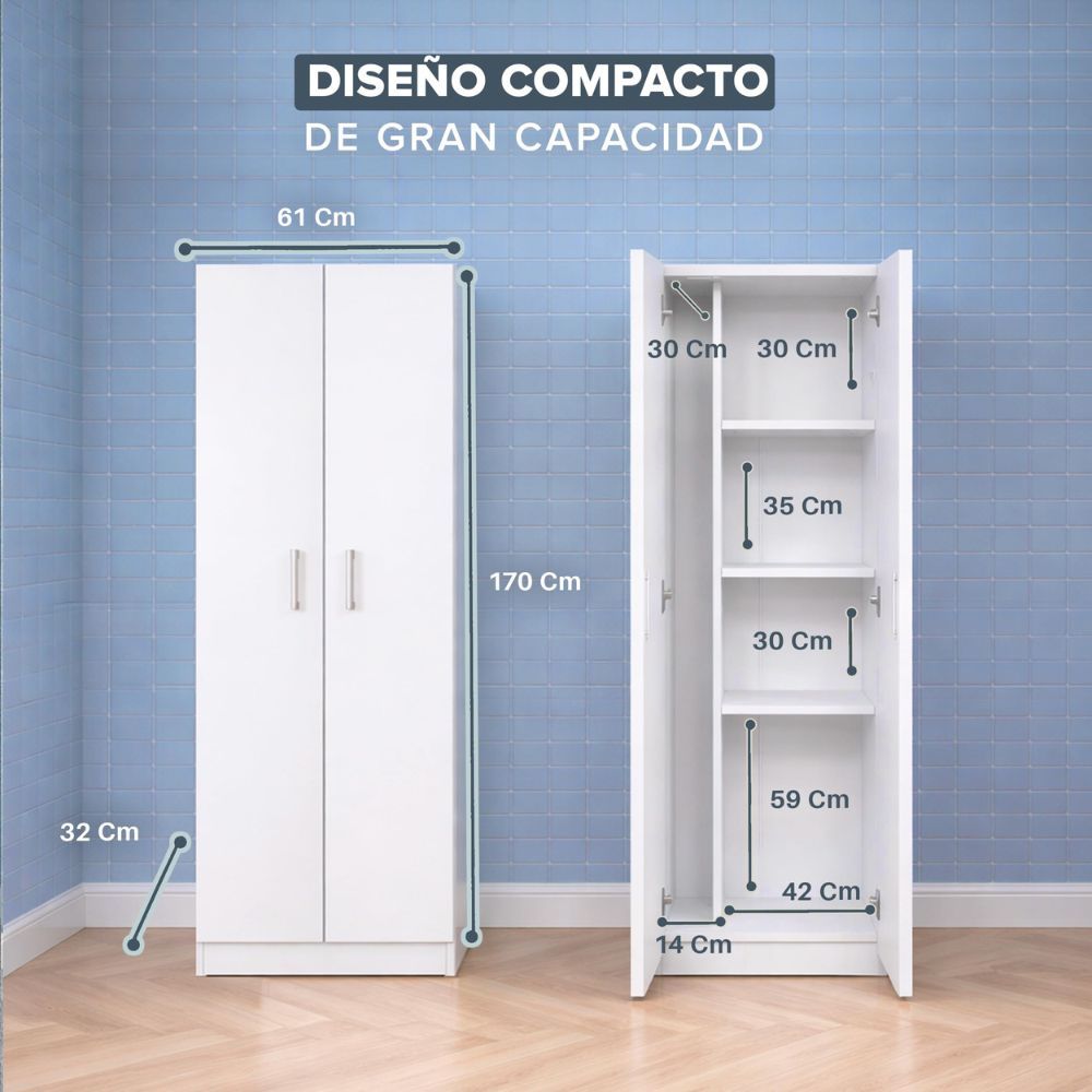 Interior del mueble escobero organizando fregonas, escobas y productos de limpieza.