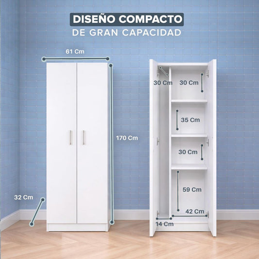 Interior del mueble escobero organizando fregonas, escobas y productos de limpieza.