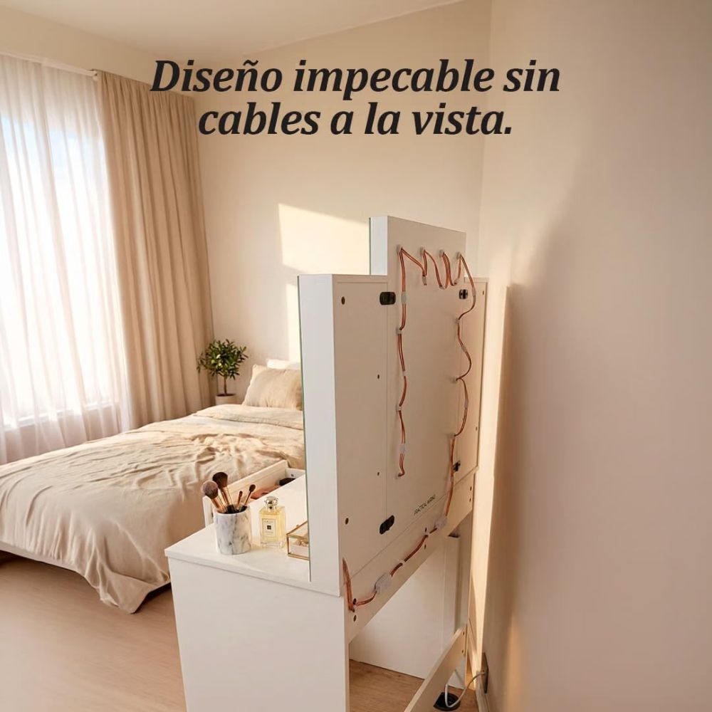 Dimensiones del tocador Marctani mostrando los 6 compartimentos abiertos para accesorios.