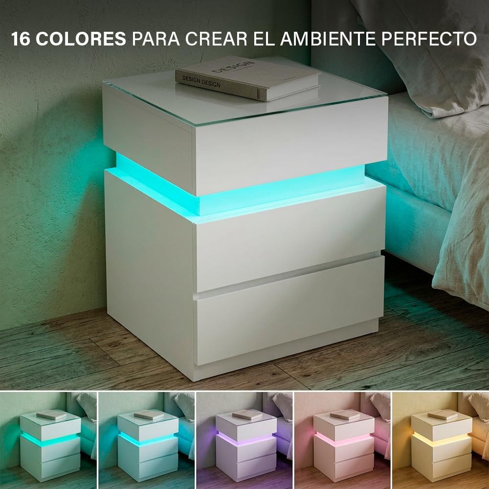 Mesita de noche inteligente blanca Marctani con luz LED encendida.