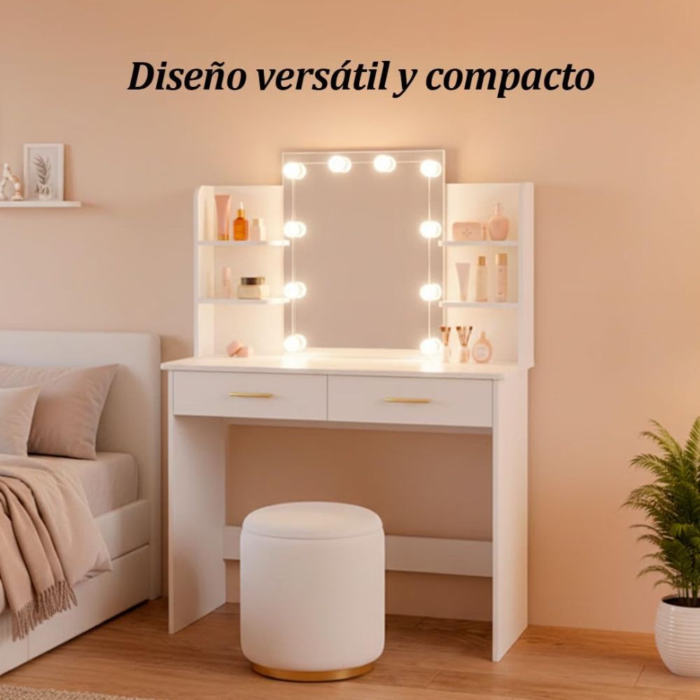 Tocador de maquillaje blanco Marctani con el espejo de 10 luces LED encendidas.
