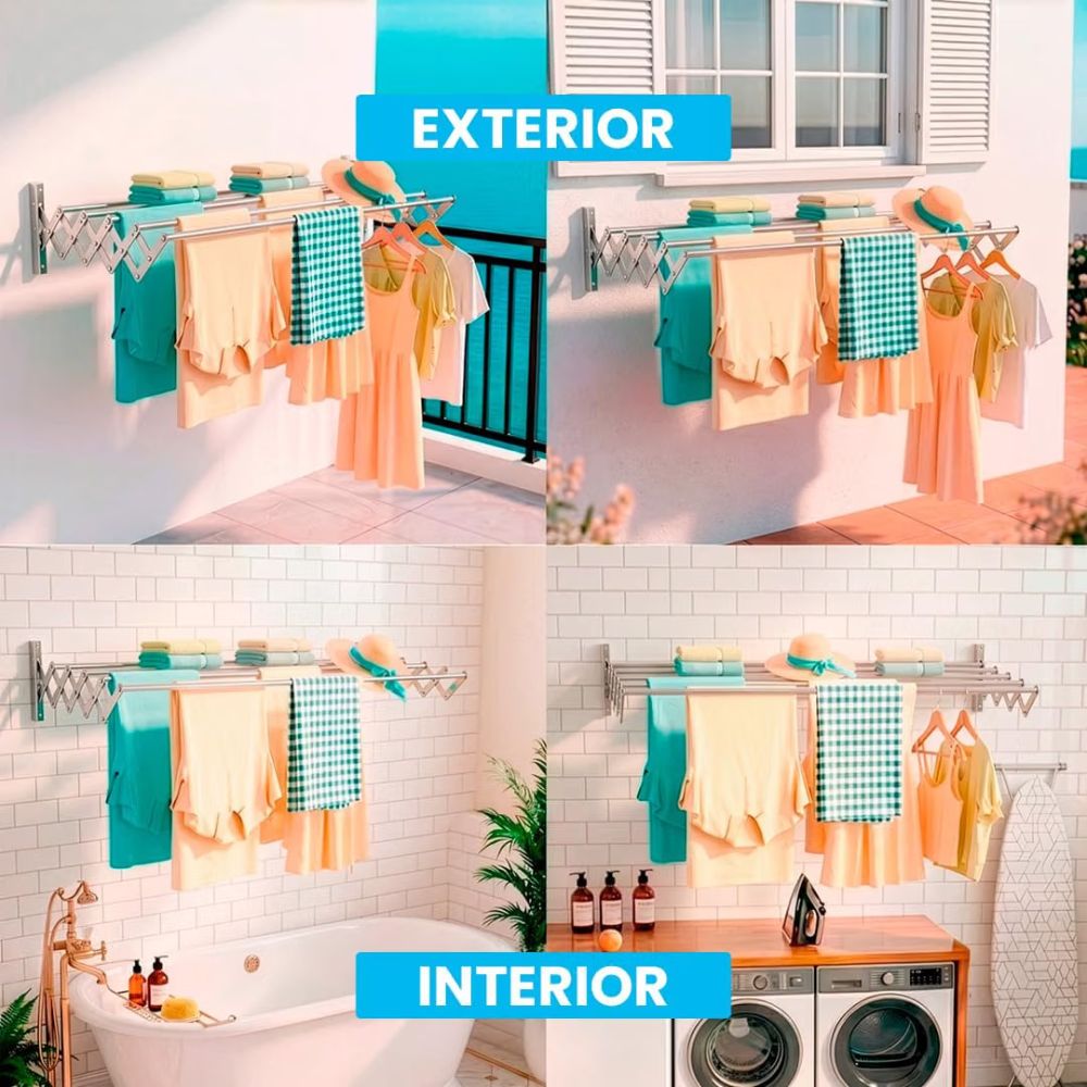 Tendedero extensible de pared Marctani en acero inoxidable totalmente desplegado.