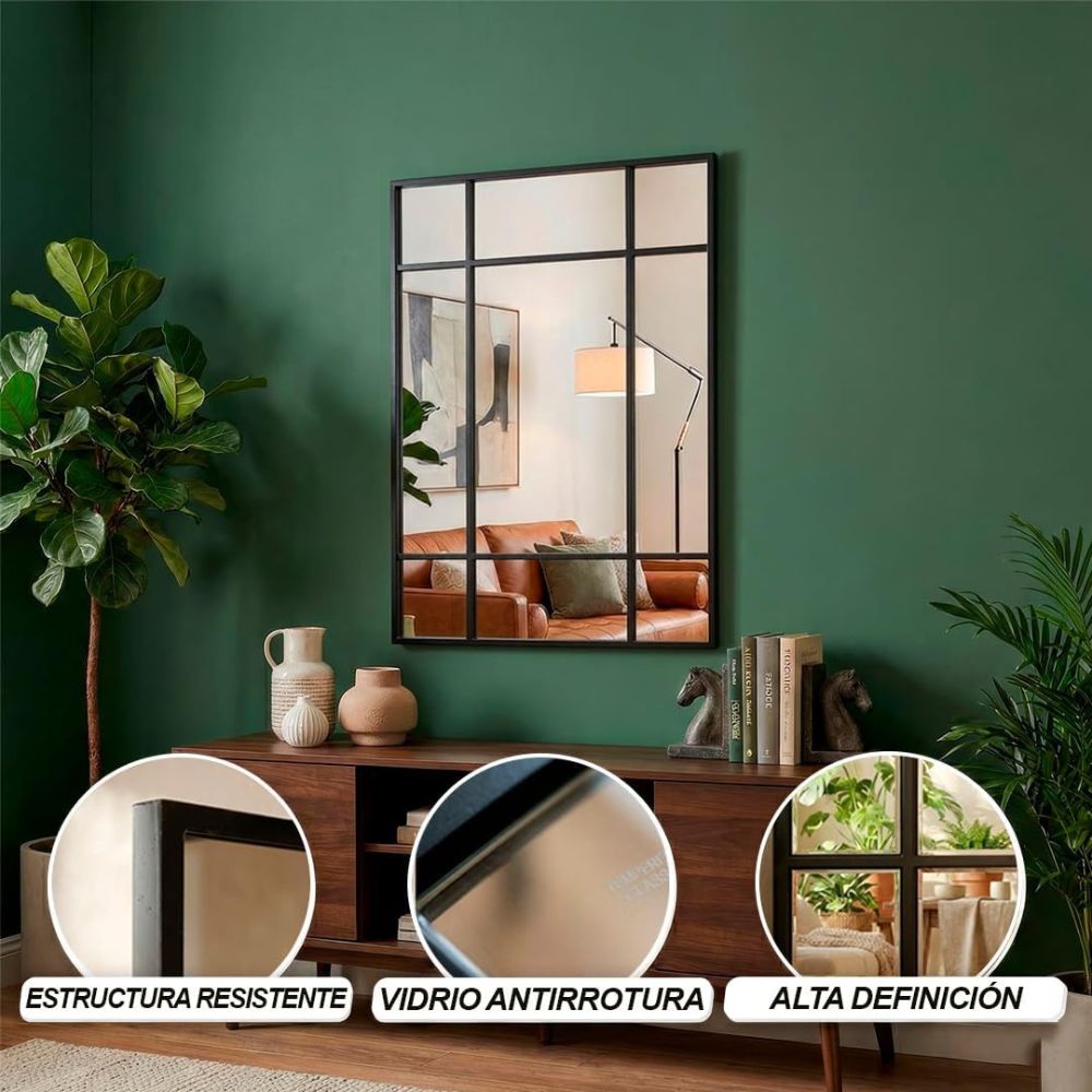Marctani Espejo Ventana Decorativo 90x60 cm, Metal, Industrial (Negro/Dorado)