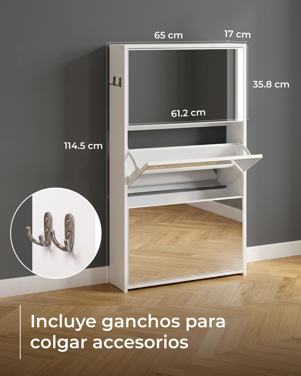 Zapatero estrecho con espejo Marctani de 3 puertas abatibles en acabado madera.