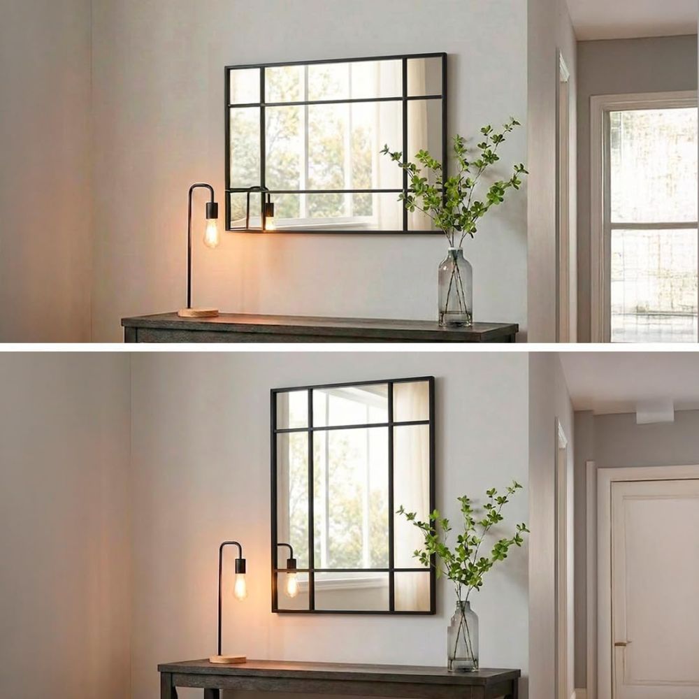 Marctani Espejo Ventana Decorativo 90x60 cm, Metal, Industrial (Negro/Dorado)