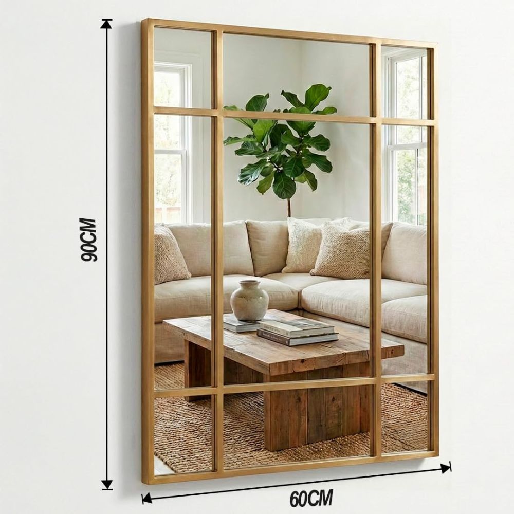Marctani Espejo Ventana Decorativo 90x60 cm, Metal, Industrial (Negro/Dorado)