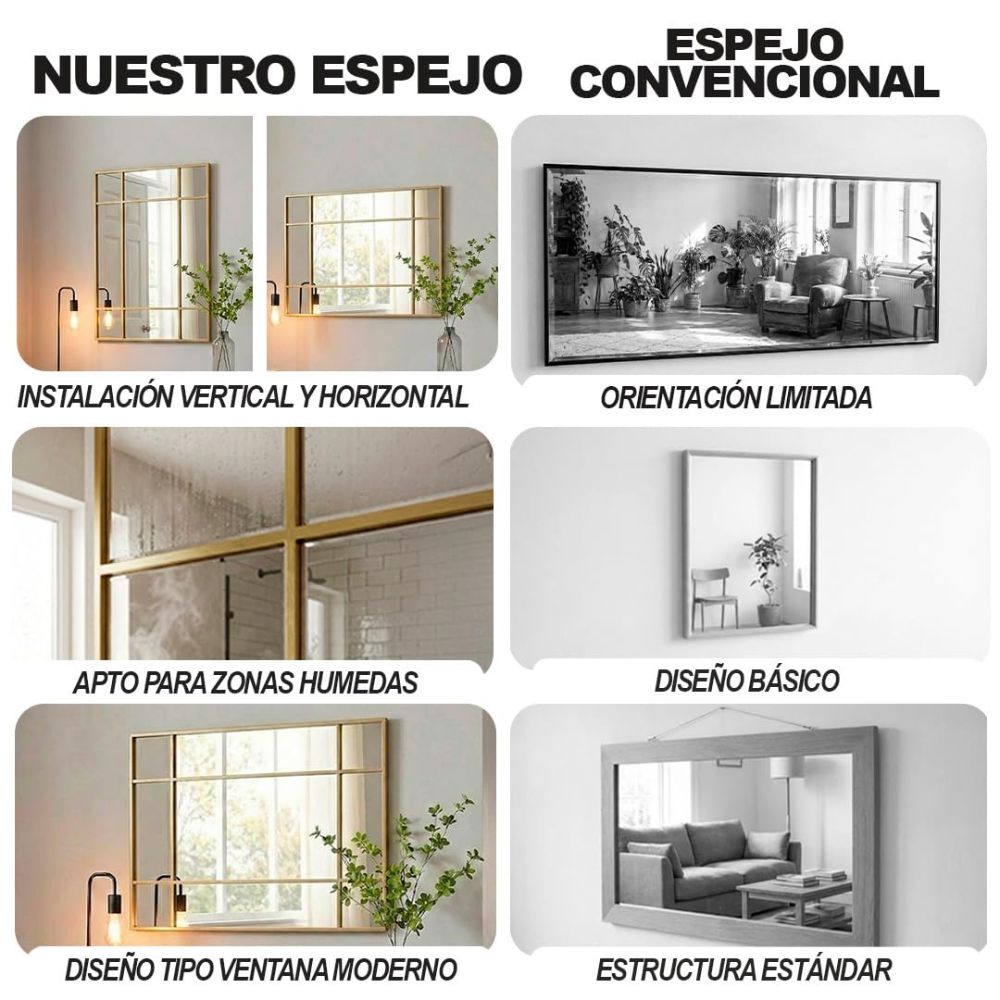 Marctani Espejo Ventana Decorativo 90x60 cm, Metal, Industrial (Negro/Dorado)