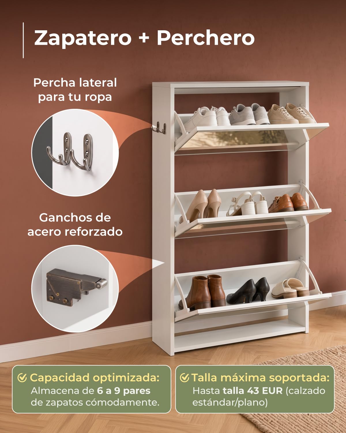 Zapatero estrecho con espejo Marctani de 3 puertas abatibles en acabado madera.
