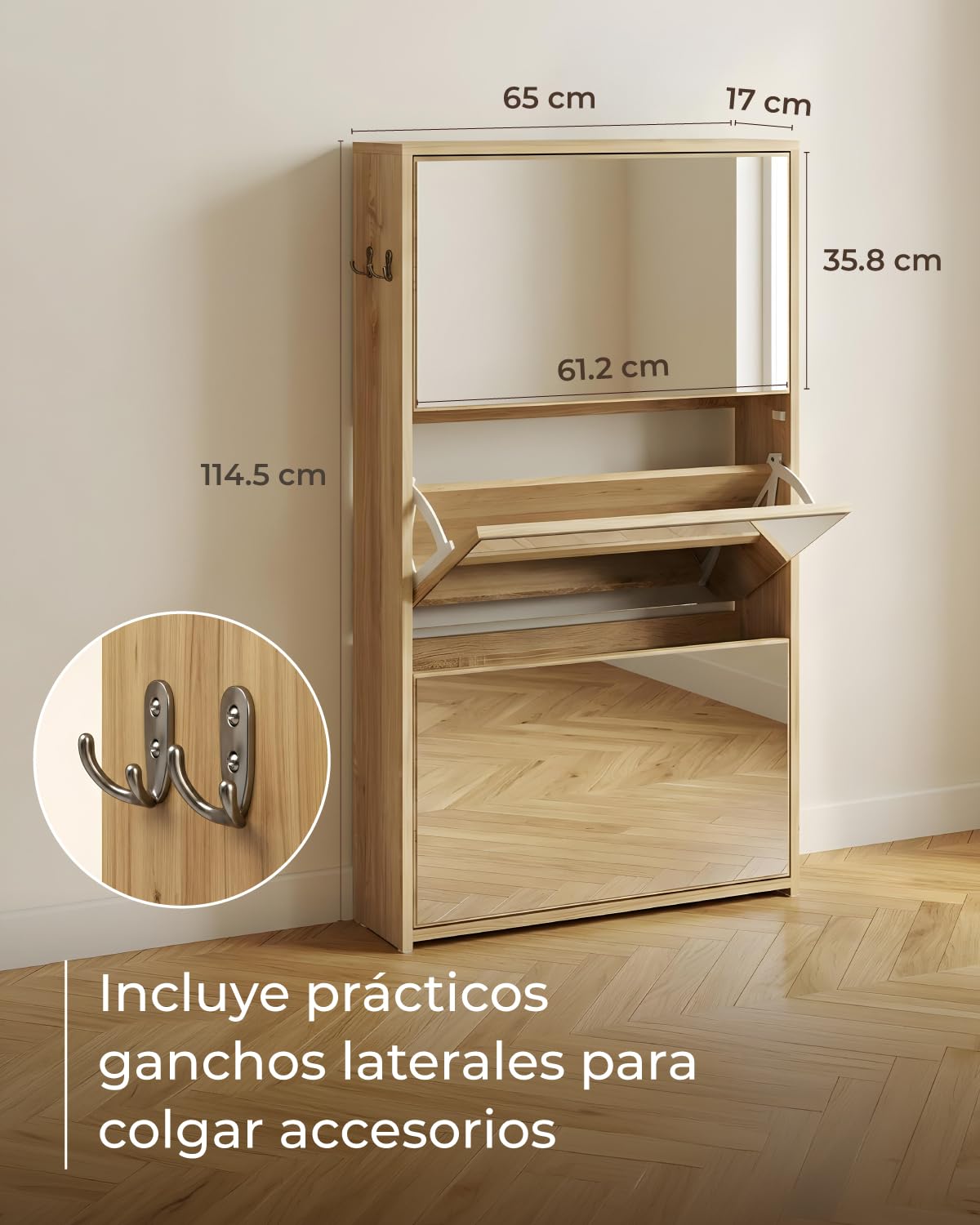 Mueble zapatero ultra estrecho de 17 cm de fondo en un recibidor pequeño.
